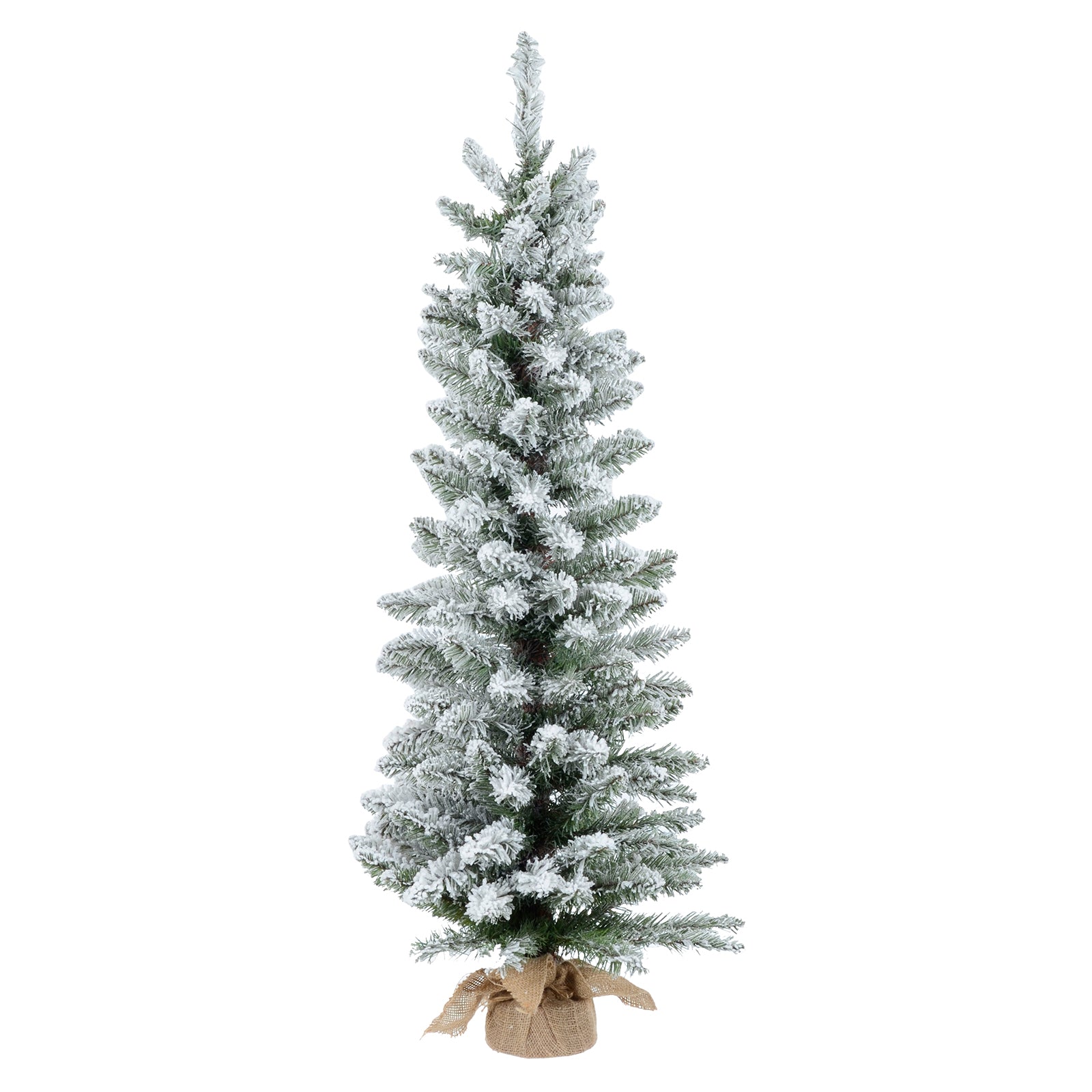 Mr Crimbo 3ft 4ft 5ft Flocked Pencil Christmas Tree Jute Base - MrCrimbo.co.uk -XS6437 - 4ft -3ft tree
